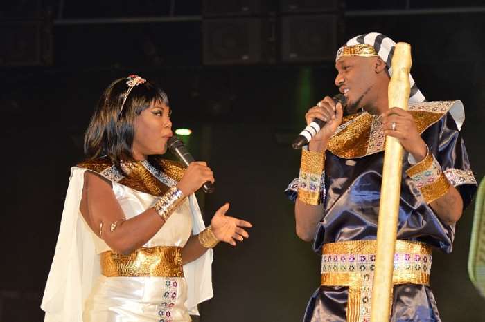L-R Hosts, MaryseAcotie in Cleopatra outfit and 2Face dressed as Pharaohboth Egyptian inspired outfits at the 2014 AFRIMA award ceremony held at the Oriental Hotel, Victoria Island, Lagos recently