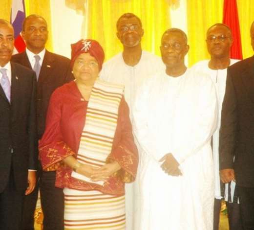 PRESIDENT MILLS (SECOND RIGHT), MRS JOHNSON-SIRLEAF, LIBERIAN PRESIDENT (THIRD RIGHT) AND VICE PRESIDENT MAHAMA (RIGHT) AT THE CASTLE, OSU