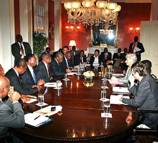 PRESIDENT MILLS LEADS HIS TEAM TO RECEIVE THE IMF PRESIDENT CHRISTINE LAGARDE WHO WAS THE FIRST OFFICIAL TO CALL ON THE PRESIDENT, HOURS AFTER HE ARRIVED IN THE USA