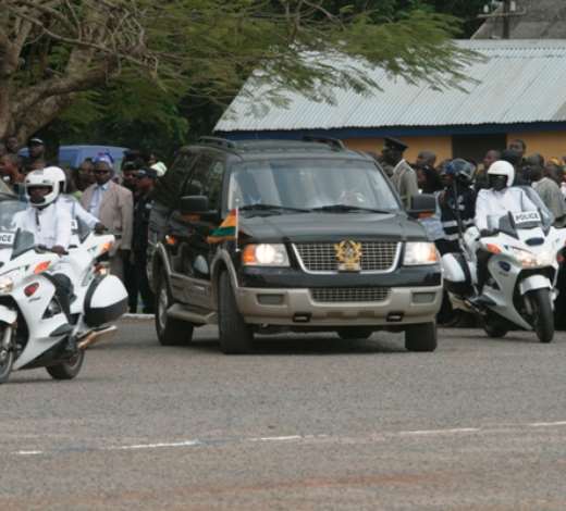 PRESIDENT MILLS ARRIVING AT THE TESANO POLICE TRAINING SCHOOL FOR THE 42ND GRADUATION PARADE FOR COURSE 42 GROUP
