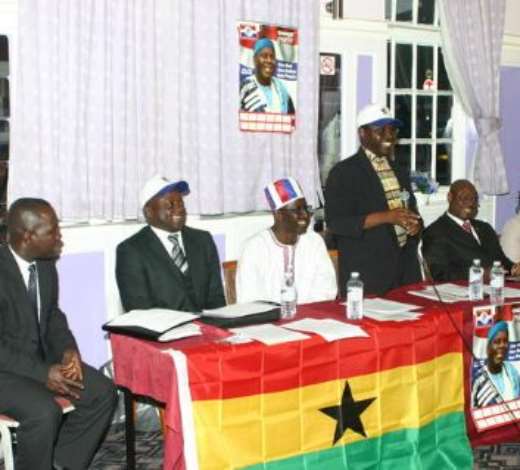 Hon. Ben Annan, National Campaign Manager, Aliu Mahama Campaign Team, delivering his keynote address. (L-R: Martin Kwanning - Press Liaison Officer; Richard Diedong Dombo - Organiser; Nii Asare-Addy - Secretary; Hon. Ben Annan; Alhaji Issah Danjumah; Akosua Afriyie Nimoh - Womens Organiser; all of The London Group.)