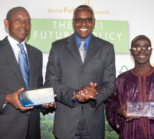 H.E. Eugne-Richard Gasana, United Nations Ambassador of the Permanent Mission of Rwanda, with the 2011 Future Policy Award, Carl Lewis, Olympic gold medallist and Goodwill Ambassador of the Food and Agricultural Organization of the United Nations, and Hon. Jato S. Sillah, Minister of Forestry and the Environment, The Gambia with the Silver Award