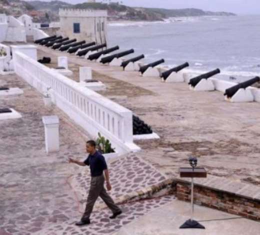 US President Barack Obama concludes his remarks after touring Cape Coast Castle in Cape Coast, Ghana 11 July 2009. President Obama is spending the day in Ghana addressing Parliament, visiting a maternal health program and touring Cape Coast Castle. EPA/SHAWN THEW