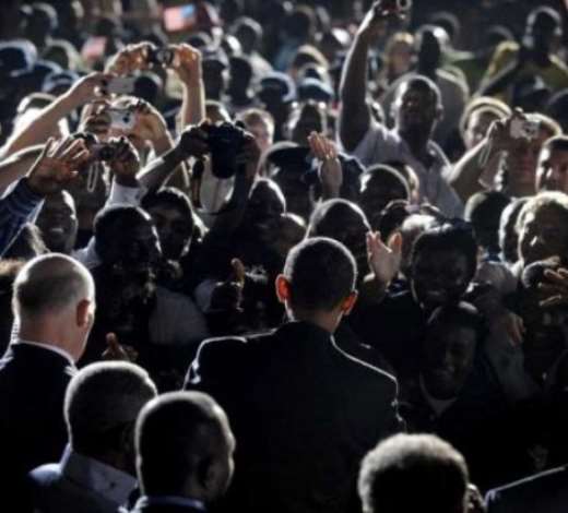 US President Barack Obama shakes hands with supporters after delivering remarks at a departure ceremony in Accra, Ghana 11July 2009. President Obama addressing parliament as well as touring Cape Coast Castle. EPA/SHAWN THEW