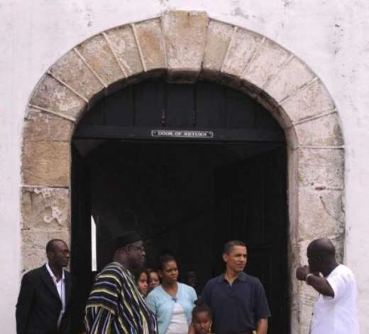 US President Barack Obama with First Lady Michelle Obama, with their daughters Melia and Sasha stand at the door of no return as they tour Cape Coast Castle in Cape Coast, Ghana 11 July 2009. President Obama is spending the day in Ghana addressing Parliament, visiting a maternal health program and touring Cape Coast Castle. EPA/SHAWN THEW