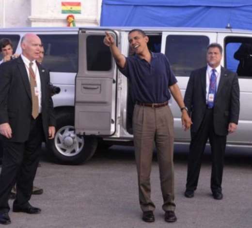US President Barack Obama waves to supporters after touring Cape Coast Castle in Cape Coast, Ghana 11 July 2009. President Obama is spending the day in Ghana addressing Parliament, visiting a maternal health program and touring Cape Coast Castle. EPA/SHAWN THEW