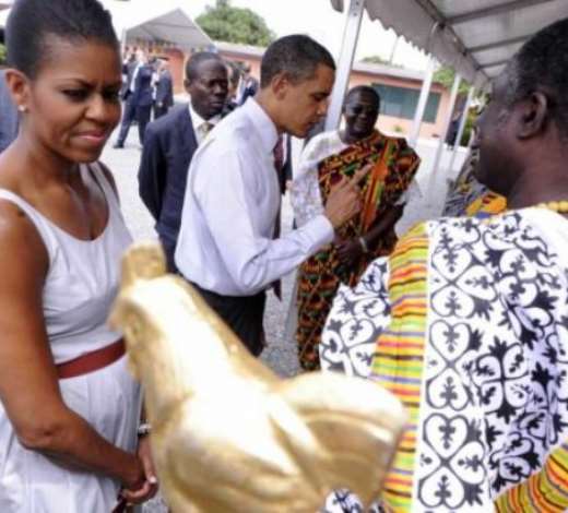US President Barack Obama, with First Lady Michelle Obama, greets traditional leaders while participating in a maternal health program tour at LA General Hospital in Accra, Ghana 11 July 2009. President Obama is spending the day in Ghana addressing Parliament, visiting a maternal health program and touring Cape Coast Castle. EPA/SHAWN THEW