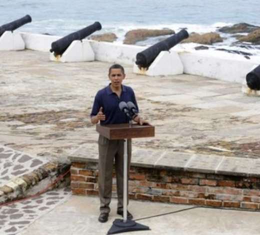 US President Barack Obama delivers remarks after touring Cape Coast Castle in Cape Coast, Ghana 11 July 2009. President Obama is spending the day in Ghana addressing Parliament, visiting a maternal health program and touring Cape Coast Castle. EPA/SHAWN THEW