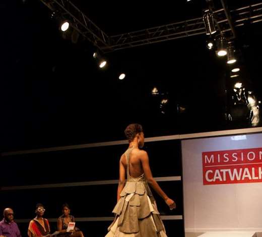 JUDGES TAKE IN REBECCAS TURTLE-INSPIRED DESIGN ON THE CATWALK- CREDIT ADRIAN CREARY