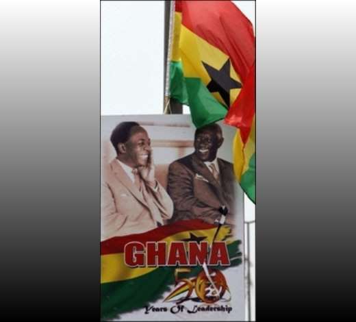 Ghanaian flag flies above a poster of the countrys first president Kwame Nkruma (L) and current President John Kufuor in Accra. African leaders were pouring into the Ghanaian capital Accra ahead of 50th anniversary celebrations Tuesday of the countrys independence from Britain(AFP/Kambou Sia)
