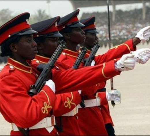 Women soldiers march during a parade for the 50th anniversary of Ghanas independence in Accra. Ghanaians turned out in their thousands Tuesday for colourful ceremonies marking independence from Britain 50 years ago when the country became the first black African state to break the bonds of colonial rule.(AFP/Kambou Sia)