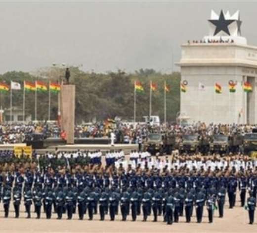 Ghanaian troops seen during a parade to mark Ghana 50 year Independence celebrations at the Independence Square in Accra, Ghana, Tuesday, March 6, 2007. Lasers lit the sky and an actor relived the emotional moment 50 years ago when independence leader Kwame Nkrumah declared Ghana free forever to kick off celebrations Tuesday in the first sub-Saharan African nation to break from Europe.(AP Photo/Olivier Asselin