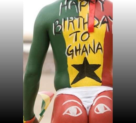 Ghanaian man with body paint depicting the Ghana flag, seen during Ghana 50 years independence celebrations at the Independence Square in Accra, Ghana, Tuesday, March 6, 2007. Lasers lit the sky and an actor relived the emotional moment 50-years ago when independence leader Kwame Nkrumah declared Ghana free forever to kick off celebrations Tuesday in the first sub-Saharan African nation to break from Europe.(AP Photo/Olivier Asselin)