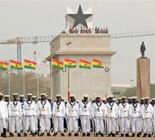Ghanaian navy troops stand in line, during Ghanas 50 years of independence celebrations at the Independence Square in Accra, Ghana, Tuesday, March 6, 2007. Lasers lit the sky and an actor relived the emotional moment 50 years ago when independence leader Kwame Nkrumah declared Ghana free forever to kick off celebrations Tuesday in the first sub-Saharan African nation to break from Europe. (AP Photo/Olivier Asselin