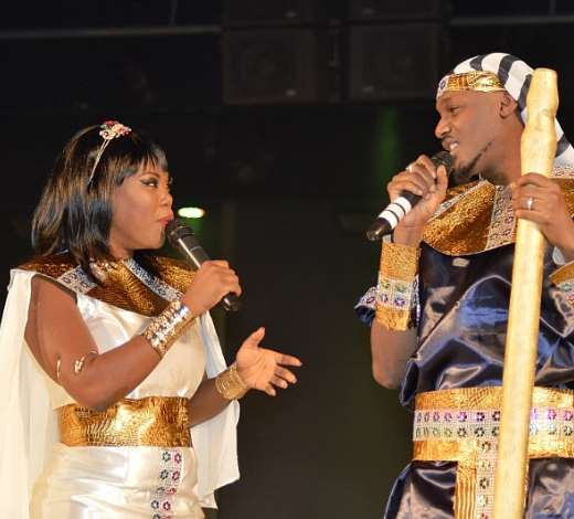 L-R Hosts, MaryseAcotie in Cleopatra outfit and 2Face dressed as Pharaohboth Egyptian inspired outfits at the 2014 AFRIMA award ceremony held at the Oriental Hotel, Victoria Island, Lagos recently