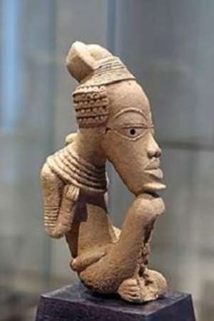 Figure of a seated male. One of the looted Nigerian Nok terracotta, now in the possession of the Musée du Quai Branly, in the Palais des Sessions, Paris, France, with post factum Nigerian consent even though the ICOM Red List For Africa forbids exportation of such artefacts.