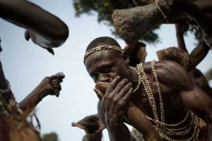 A ceremonial instrument played in fanfares, the horn of the Broto is an ancient tradition in the CAR. By FLORENT VERGNES (AFP)