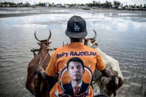 A driver of an oxen-pulled cart wears a t-shirt of the Madagascar presidential candidate Andry Rajoelina while ferrying tourists from the boat into the port in Tulear, on November 4, 2018.  By MARCO LONGARI (AFP)