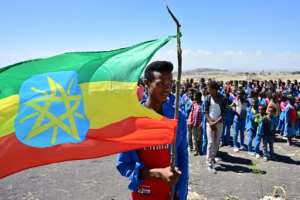 A man holds an Ethiopian flag as children from neighbouring Hama elementary school arrive to pay condolences at the crash site. By TONY KARUMBA (AFP)
