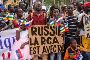 A pro-Russia rally in Bangui on March 5. The placard reads, Russia, the CAR is with you.  By Carol VALADE (AFP)