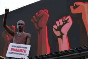 A protester at the Lekki toll gate in Lagos, the epicentre of demonstrations last October.  By Pierre FAVENNEC (AFP)