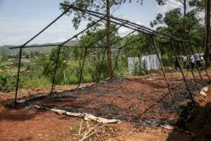 A torched emergency medical tent at Mongbwalu hospital.  By Seros MUYISA (AFP)
