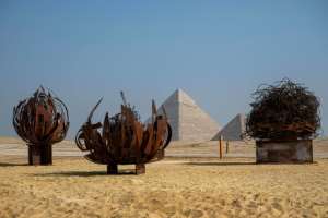 A view of the art installation Desert Flowers by artist Nadim Karam during the fifth edition of the Forever is Now art exhibition by Art d€Egypte at the Giza pyramids necropolis.  By Khaled DESOUKI (AFP)