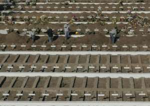 Aerial view of graves dug at the General Cemetery in the Chilean capital Santiago, which is on full lockdown after a massive spike in the infection rate.  By MARTIN BERNETTI (AFP)