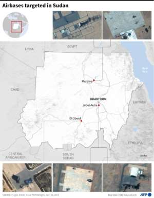 Satellite images of damaged airbases in Merowe, Jebel Aulia and El Obeid, Sudan.  By Sophie RAMIS, Sylvie HUSSON, Emmanuelle MICHEL (AFP)