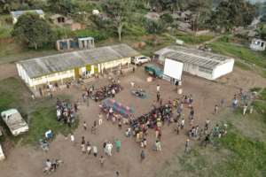 An aerial view of the open-air cinema getting ready for spectators. On the road since April 2018, the CNA has brought educational films to those who otherwise lack access to audiovisual media.  By FLORENT VERGNES (AFP)
