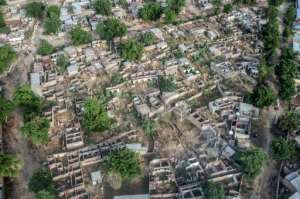 An aerial view shows houses and buildings destroyed by Boko Haram in Bama, northeast Nigeria