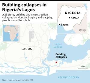 Map locating where a building collapsed on Monday in Lagos, Nigeria.  By  (AFP)