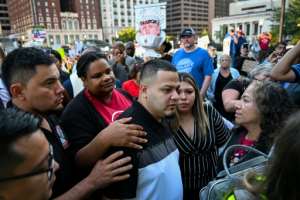 Cause celebre: Salvadoran migrant and US resident Kilmar Abrego Garcia (centre) with his family and supporters.  By ROBERTO SCHMIDT (AFP)
