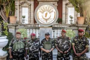 Colonel Michael Randrianirina (C), head of the Capsat military unit, took over government after the former president fled.  By Luis TATO (AFP/File)