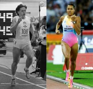 (COMBO) This combination of photographs shows (L) Czech athlete Jarmila Kratochvilova from 1981 and (R) Switzerlands Audrey Werro at last weeks Zurich Diamond League.  By Jean-Claude DELMAS, Edmond PINAUD, Stefan Wermuth (AFP/File)