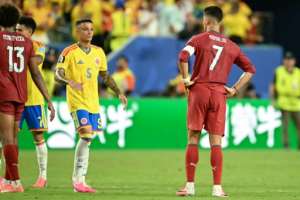 Cristiano Ronaldo (7) reacts after Portugal were held to a 0-0 draw by Colombia.  By CHANDAN KHANNA (AFP)
