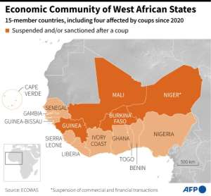 Map showing the members of the Economic Community of West African States (ECOWAS), including those suspended or sanctioned following a coup.  By Nalini LEPETIT-CHELLA (AFP)