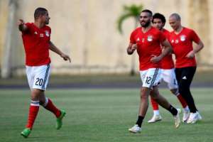 Egypts players run during a training session in Libreville on February 3, two days ahead of the final of the 2017 Africa Cup of Nations, against Cameroon