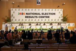 Electoral Commission of Zambia chairperson Mwangala Zaloumis (back row, 3rd R) said the threats had been contained.  By GIANLUIGI GUERCIA (AFP)