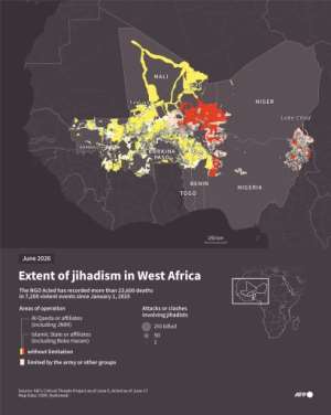 Infographic with a map of the operational areas of jihadist groups affiliated with Al-Qaeda (including JNIM and AQIM) or the Islamic State (including Boko Haram and ISWAP) in the Sahel and around Lake Chad, based on data from IEAs Critical Threats Project as of June 5, 2026, and attacks or clashes recorded between January 1, 2025, and June 17, 2026, by the NGO ACLED.  By Valentin RAKOVSKY, Sabrina BLANCHARD, Clara DUBAN (AFP)