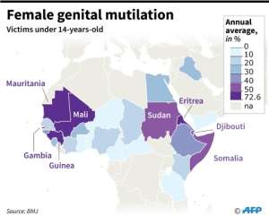 Percentage of girls under the age of 14, in selected countries, who are victims of genital mutilation..  By Simon MALFATTO (AFP)