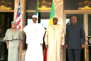 From L: President of Liberia Ellen Johnson Sirleaf, President of Nigeria Muhammadu Buhari, President of Senegal Macky Sall and former President of Ghana John Mahama pose in Abuja on January 9, 2017