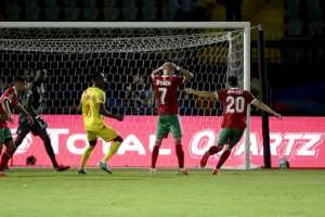 Hakim Ziyech (2nd-R) is left distraught after his missed penalty in stoppage time against Benin.  By Khaled DESOUKI (AFP/File)