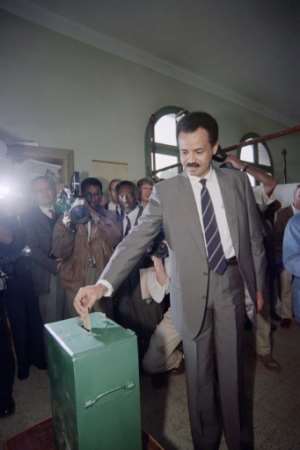 Isaias Afwerki is seen casting his ballot in the April 1993 independence referendum.  By ALEXANDER JOE (AFP/File)