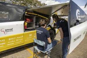 It carries testing kits for tuberculosis, cooled storage for vaccines, X-ray machines, and an ultrasound scanner.  By SIMON MAINA (AFP)