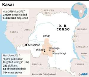 Map of the D. R. Congo locating Kasai, with details of bloodshed and displacements since August 2016