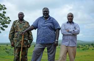 Leaders of the Sudan Peoples Liberation Movement-North (SPLM-N) in 2012: only Abdelaziz al-Hilu (L) remains opposed to the government in Khartoum, with his old comrades Malik Agar (CENTRE) and Yassir Arman (R) having agreed a peace deal.  By RYAN BOYETTE (NUBA REPORTS/AFP)