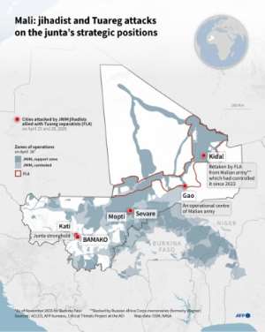 Attacks by JNIM jihadists allied with Tuareg separatists on April 25-26, 2026.  By Nalini LEPETIT-CHELLA, Valentina BRESCHI (AFP)
