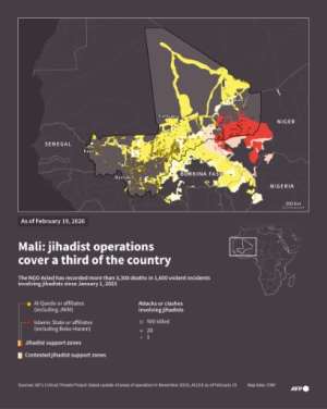 Infographic with a map of Mali and neighbouring countries showing the areas where Al-Qaeda, the Islamic State group, or jihadist groups affiliated with them operate, and the locations of attacks carried out by these groups, according to data by NGO ACLED.  By Valentin RAKOVSKY, Sabrina BLANCHARD (AFP)