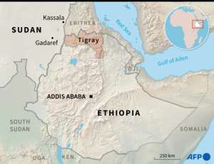 Map of Ethiopia and Sudan locating the Ethiopian region of Tigray and the Sudanese towns of Kassala and Gadaref.  By Simon MALFATTO (AFP)